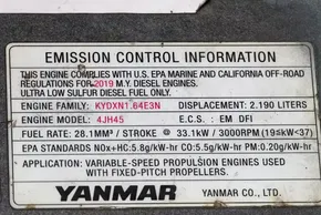 Emission control information label for Yanmar engine, model 4JH45, compliant with 2019 regulations.