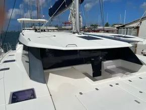 Modern 2020 Leopard 50 yacht docked, featuring sleek design and spacious deck area.