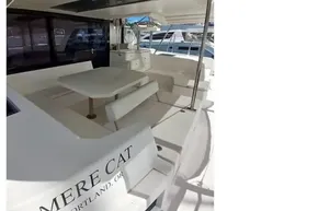 2018 Leopard 45 catamaran interior with seating and table, featuring 