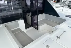 Modern Leopard 50 yacht cockpit with sleek seating, 2021 model.