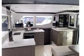 Modern kitchen interior on a 2022 Leopard 45 yacht, featuring sleek appliances and ample counter space.