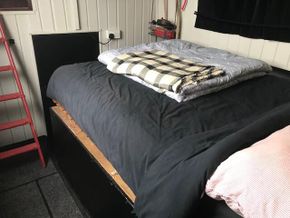 Mattress, double bed made up above engine 'room'