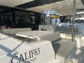 Luxurious Leopard 45 yacht deck with seating and table, 2021 model.