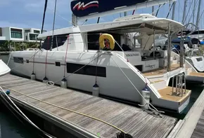 2019 Leopard 45 catamaran docked at marina with modern design.