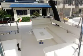 2017 Leopard 43 Powercat yacht with spacious outdoor seating area.