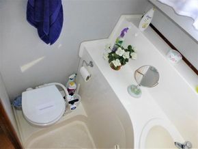 Compact bathroom in 1995 Aquafibre Bounty Boats 10/70 with toilet, flowers, and toiletries.