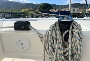 Sailing equipment on a 2019 Leopard 45 catamaran, featuring ropes and winch.