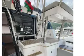 2019 Leopard 50 yacht interior with stairs and seating area.