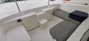 2019 Leopard 51 Powercat interior seating area with storage compartments.