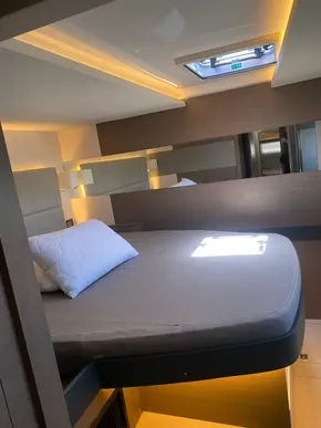 Leopard 53 Powercat 2021 cabin with modern design and skylight.