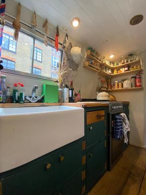 The kitchen cupboards are green! 