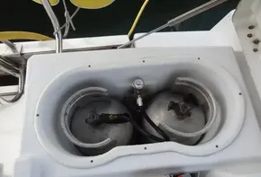 Propane tank storage compartment on a 2020 Beneteau Oceanis 46.1 sailboat.