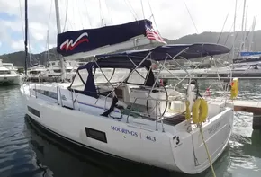 2020 Beneteau Oceanis 46.1 sailboat docked in a marina.