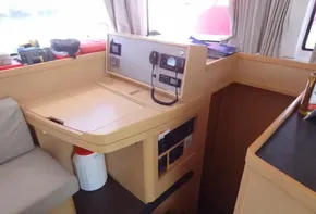 Interior navigation station of a 2020 Lagoon 42 catamaran.