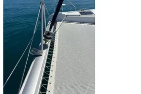 2022 Leopard 42 catamaran deck with ocean view and netting.