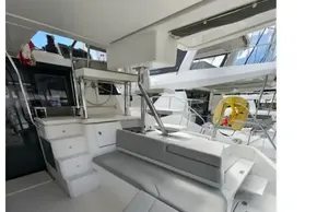 Modern Leopard 50 yacht interior, featuring sleek seating and storage, 2020 model.