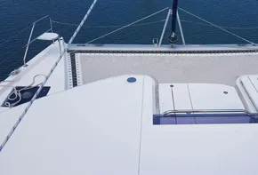 Front deck of a 2017 Leopard 48 catamaran yacht on the water.