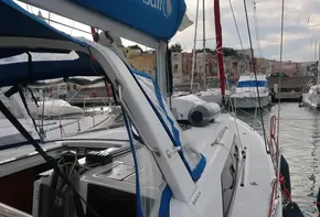 2019 Beneteau Oceanis 41.1 sailboat docked in a marina.