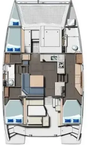 Floor plan of a 2020 Leopard 40 catamaran, featuring spacious cabins and modern amenities.