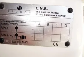 2020 Lagoon 42 boat specification plate with design category and weight limits.