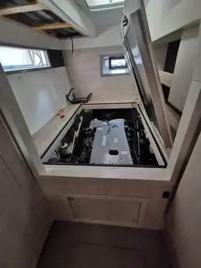 Engine compartment of a 2017 Leopard 43 Powercat yacht.