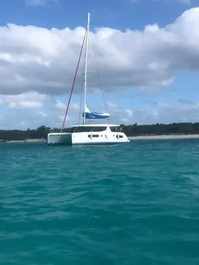 Leopard 45 catamaran sailing in clear blue waters, 2020 model.