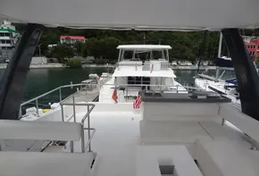 Leopard 43 Powercat 2020 model docked at marina, view from upper deck.