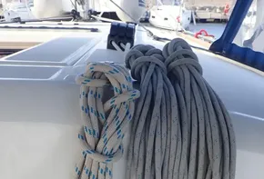 Coiled ropes on Jeanneau Sun Odyssey 440 sailboat, 2019 model.