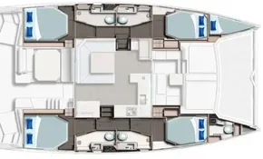 Leopard 45 catamaran 2020 floor plan with four cabins and two bathrooms.