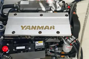 Engine of a 2021 Leopard 50 yacht featuring Yanmar branding and components.