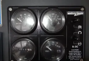 2020 Leopard 43 Powercat engine control panel with gauges and warning labels.