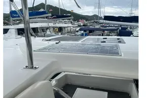 2020 Leopard 40 catamaran docked at marina with solar panels on deck.