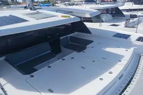 2022 Leopard 45 catamaran deck with seating and storage compartments.
