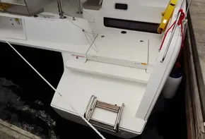 Lagoon 42 catamaran 2020 model stern view with swim platform and ladder.