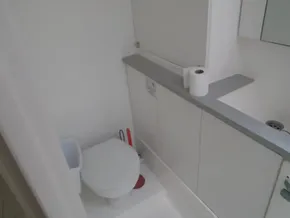 Compact bathroom in a 2017 Leopard 45 yacht with toilet and sink.