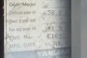 Label on a Lagoon 46 (2020) engine, showing power specifications and manufacturing details.