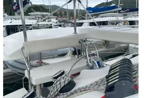 Leopard 40 catamaran deck with ropes and winches, docked at marina, 2020 model.