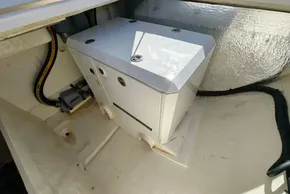 Engine compartment of a 2021 Leopard 50 yacht, featuring a white engine cover.