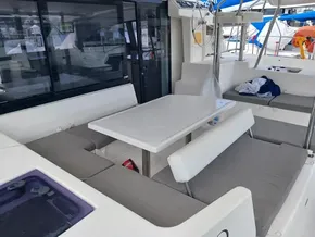 Leopard 40 catamaran interior with seating and table, 2021 model.