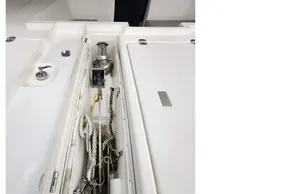 Interior view of a 2019 Leopard 50 yacht's storage compartment with ropes and equipment.