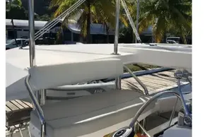 2020 Leopard 40 catamaran helm station with tropical backdrop.