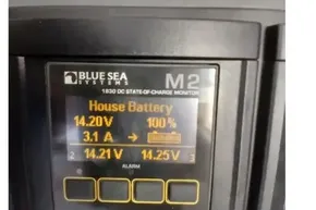 Blue Sea Systems battery monitor displaying 14.20V, 100% charge on Leopard 45, 2018 model.