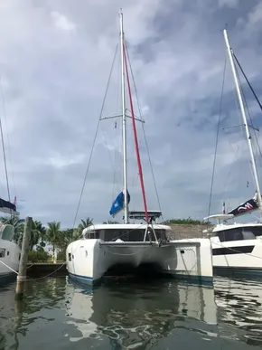 2020 Lagoon 42 catamaran docked at a marina.