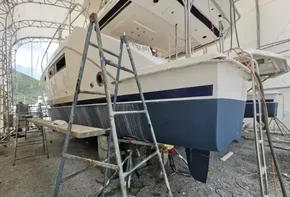 2015 Leopard 51 Powercat undergoing maintenance in a boatyard.