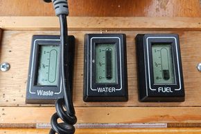 Gauges on a 1921 Classic Dutch Barge displaying waste, water, and fuel levels.
