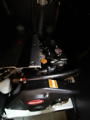 Engine compartment of a 2020 Jeanneau Sun Odyssey 410 sailboat.
